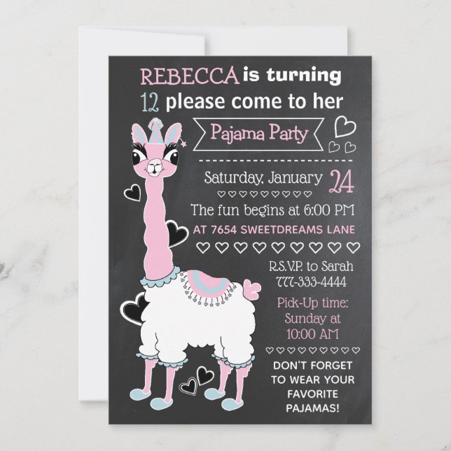 Blackboard Black White Pink Llama 12th Sleepover Invitation (Front)