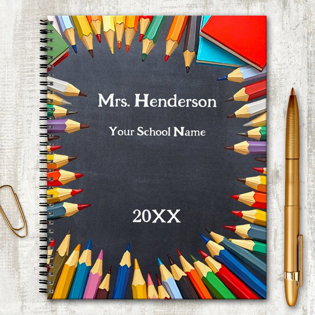 Blackboard Coloured Pencils Teacher Class Year  Planner (Teacher year planner featuring a classic design with colored pencils on a blackboard or chalkboard)