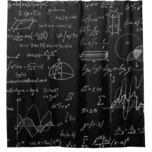 Blackboard inscribed with scientific formulas and shower curtain