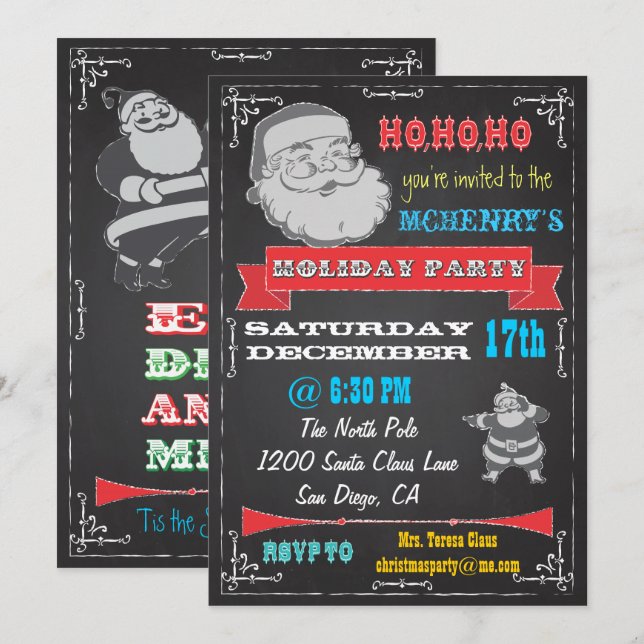 Blackboard Retro Santa Holiday Party Invitations (Front/Back)