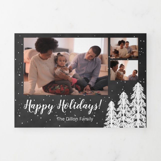 Blackboard Snowy Pine Tree Forest Holiday 6-Photo Tri-Fold Holiday Card (Cover)