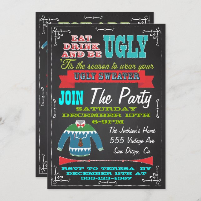Blackboard Ugly sweater Christmas Party Invites (Front/Back)