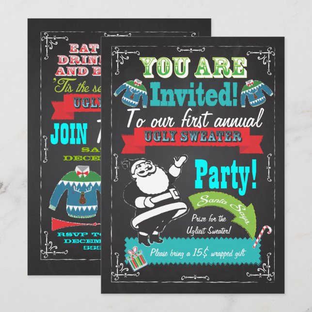 Blackboard Ugly sweater Christmas Party Invites (Front/Back)