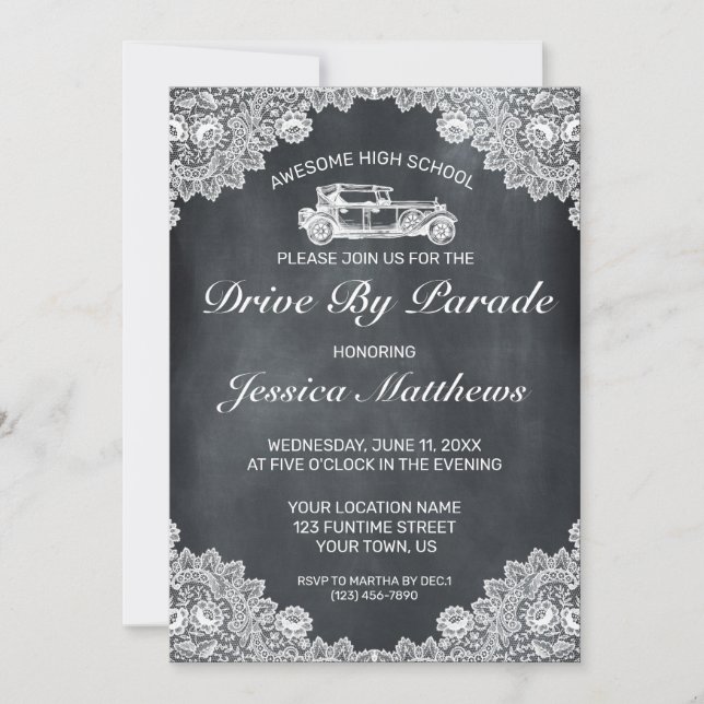 Blackboard & White Lace Graduation Drive By Parade Invitation (Front)