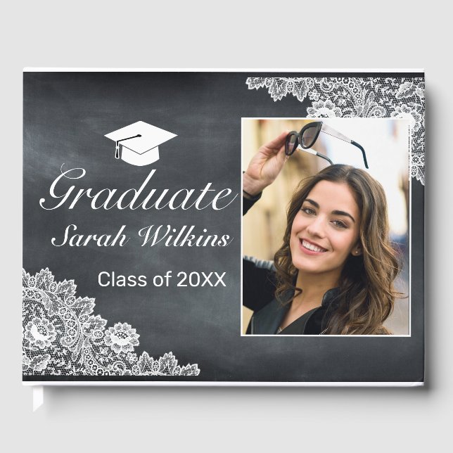 Blackboard & White Lace Graduation Photo Guest Book (Front)