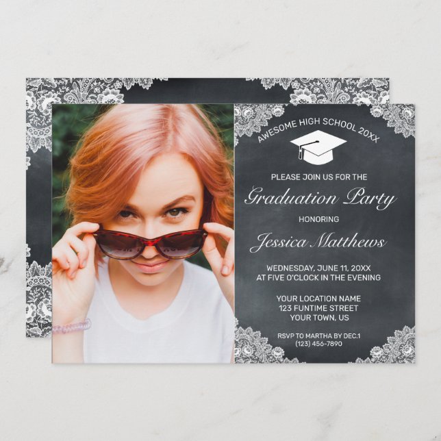 Blackboard & White Lace Graduation Photo Invitation (Front/Back)