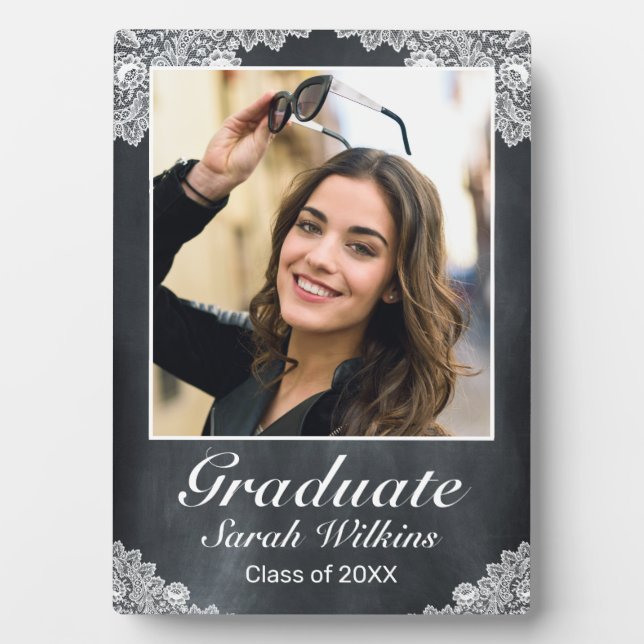 Blackboard & White Lace Graduation Photo  Plaque (Front)