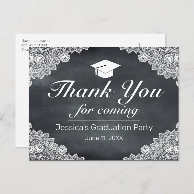 Blackboard & White Lace Graduation Thank You Postcard (Front/Back)