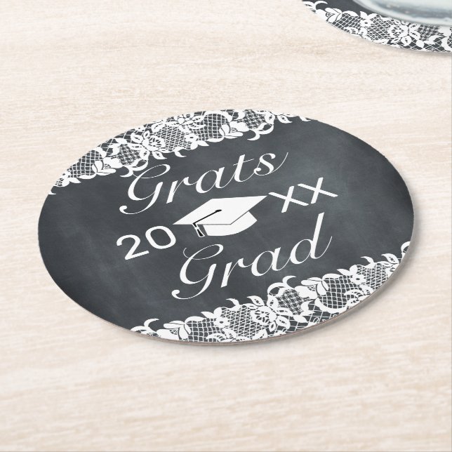 Blackboard & White Lace Grats Graduation Round Paper Coaster (Angled)