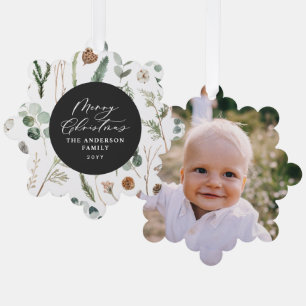 blackChristmas minimal botanical photo Tree Decoration Card