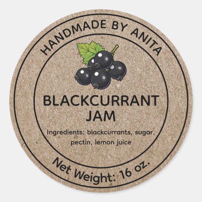 Blackcurrant Jam Jelly Jar Label Kraft Paper Style (Front)