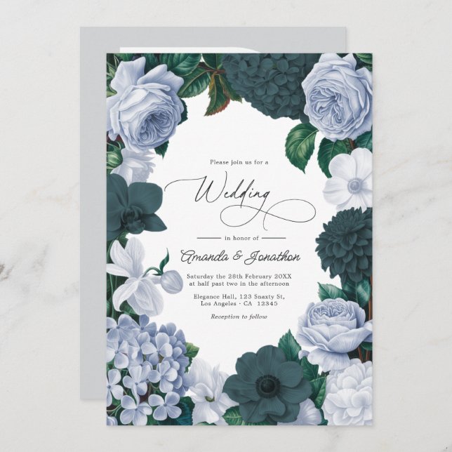 Blackened Teal, Mist Blue & Pearl White Wedding Invitation (Front/Back)