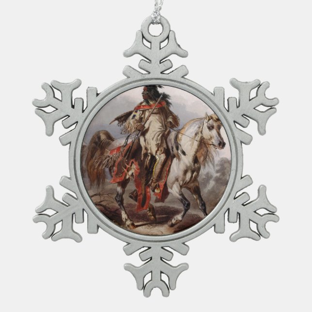 Blackfoot Indian On Arabian Horse being chased Snowflake Pewter Christmas Ornament (Front)