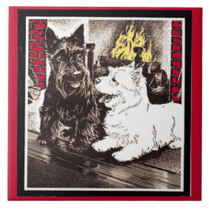 Blackie and Whitie by the fire Ceramic Tile