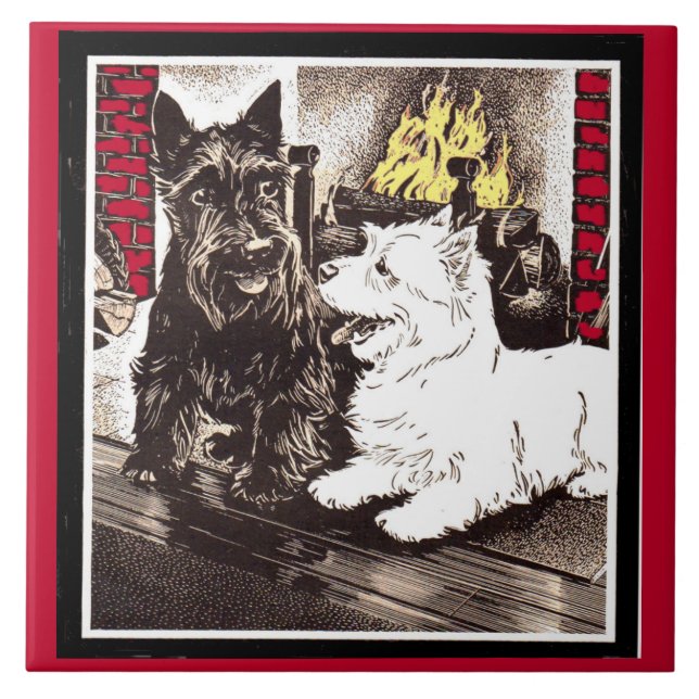 Blackie and Whitie by the fire Ceramic Tile (Front)