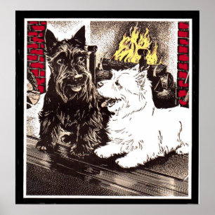 Blackie and Whitie by the fire Poster