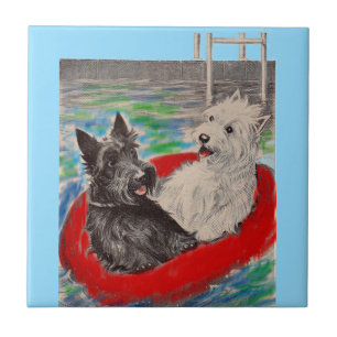 Blackie and Whitie on a raft Ceramic Tile