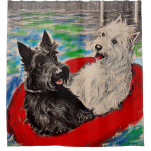 Blackie and Whitie on a raft Shower Curtain