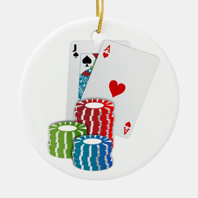 Blackjack with Poker Chips Ceramic Ornament (Front)