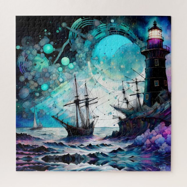 Blacklight-Lighthouse and sailboat stormy seas Jigsaw Puzzle (Vertical)