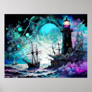 Blacklight-Lighthouse and sailboat stormy seas Poster