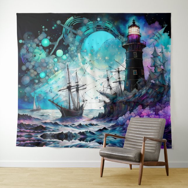 Blacklight-Lighthouse and sailboat stormy seas Tapestry (In Situ (Horizontal))