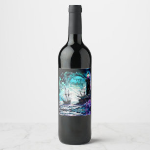 Blacklight-Lighthouse and sailboat stormy seas Wine Label
