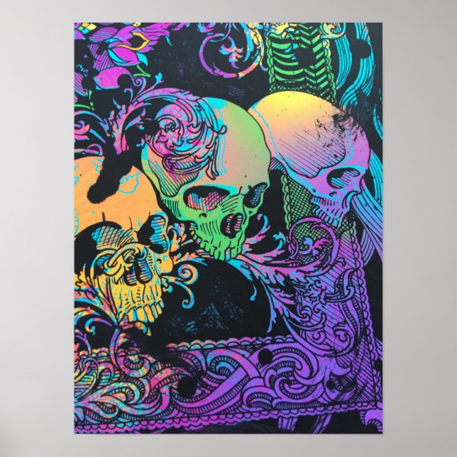 Blacklight Skull Colourful Abstract Poster (Front)