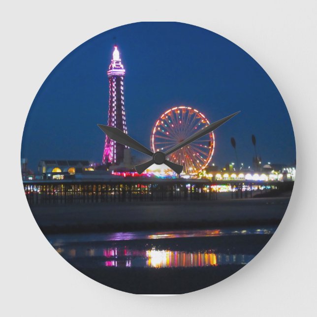 Blackpool Beach Lights at Night Large Clock (Front)