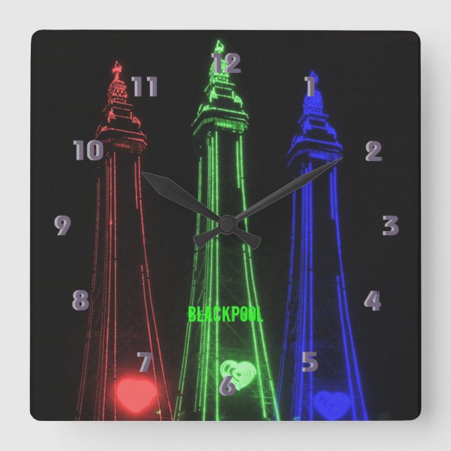 Blackpool Beautiful Tower Lights, Red, Green,  Square Wall Clock (Front)
