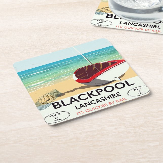 Blackpool,lancashire, rail poster square paper coaster (Angled)