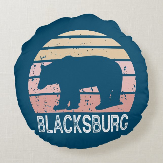 Blacksburg Virginia Retro Bear Round Cushion (Back)