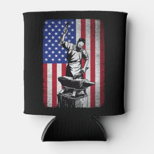 Blacksmith Forging USA American Flag Can Cooler