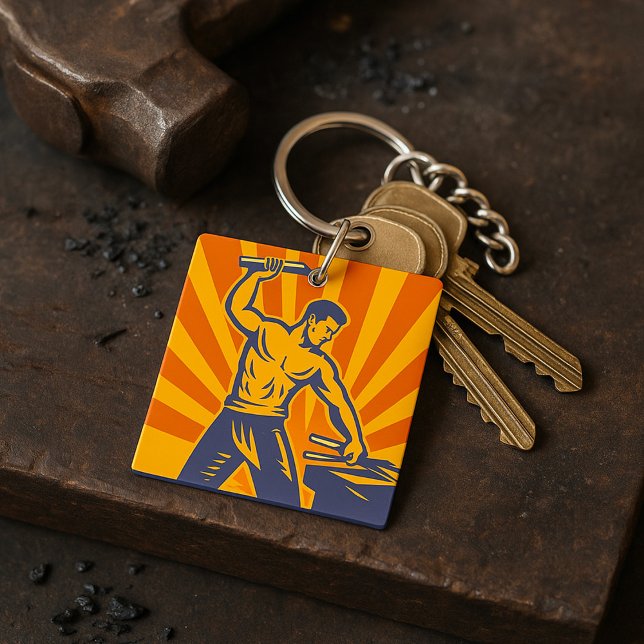 Blacksmith Hammering Retro Strongman Labour Key Ring (Creator Uploaded)