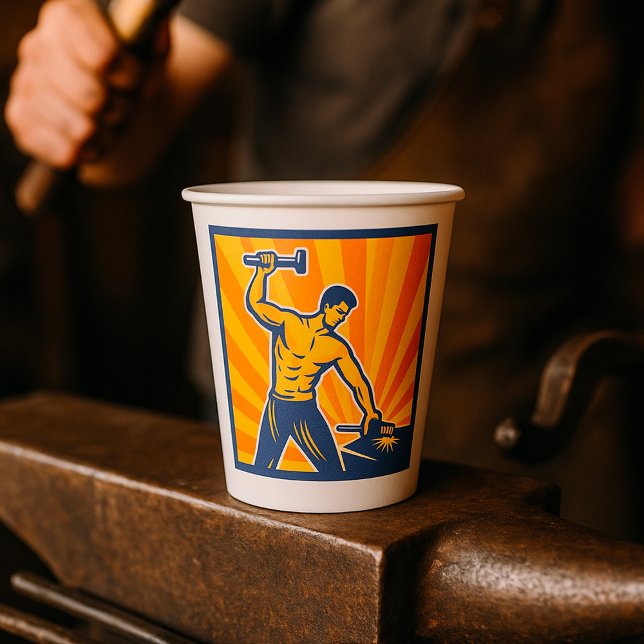Blacksmith Hammering Retro Strongman Labour Paper Cups (Creator Uploaded)