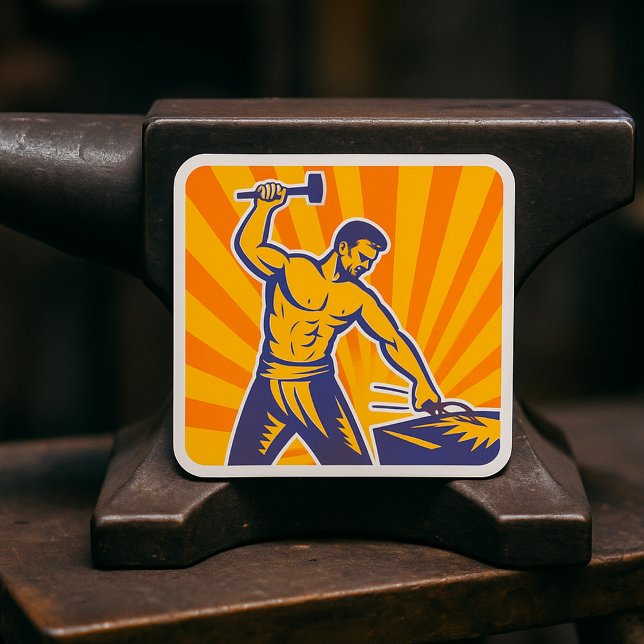 Blacksmith Hammering Retro Strongman Labour Square Sticker (Creator Uploaded)