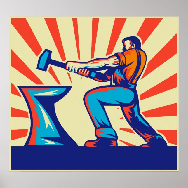Blacksmith worker with hammer and anvil poster (Front)