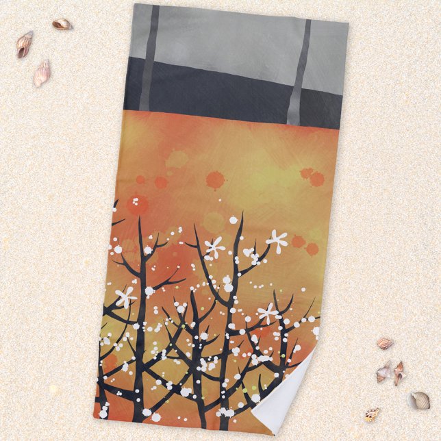 Blackthorn Blossom Spring Landscape Painting Beach Towel (Blackthorn blossom modern abstract landscape art beach towel)