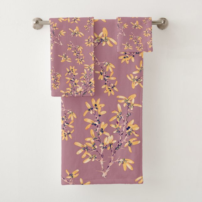 Blackthorn branches purple yellow  bath towel set (Insitu)