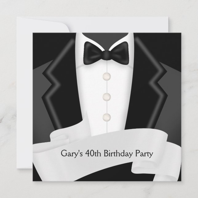 BlackTuxedo Mans Black White 40th Birthday Party Invitation (Front)