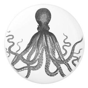 Blacn and White Giant Octopus Kraken Ceramic Knob