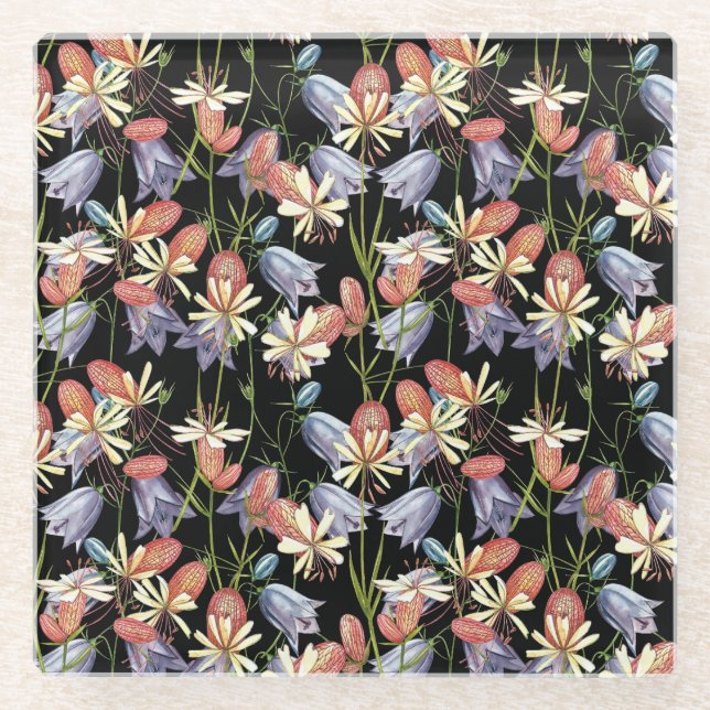 Bladder Campion Bells: Watercolor Floral Glass Coaster (Front)