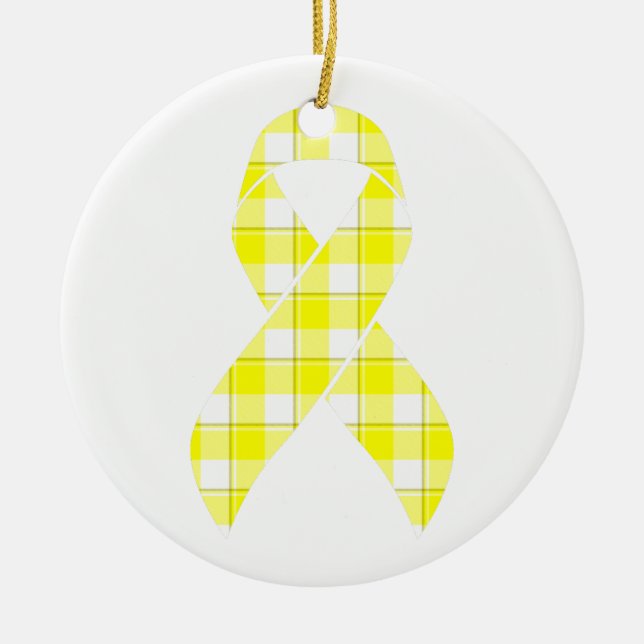 Bladder Cancer Awareness Plaid Yellow Ribbon Ceramic Ornament (Front)