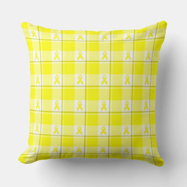 Bladder Cancer Awareness Plaid Yellow Ribbon Cushion (Front)