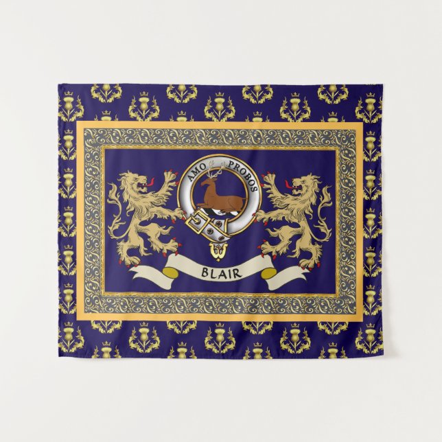Blair Clan Badge Personalised Blue Tapestry (Front (Horizontal))