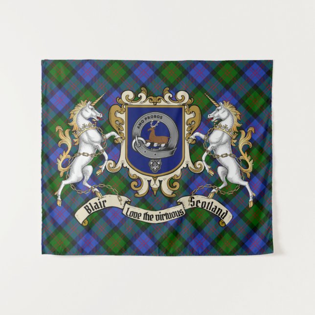 Blair Clan Badge & Unicorns w/Tartan Tapestry (Front (Horizontal))