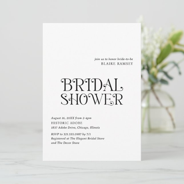 Blaire Black White Modern Bridal Shower Invitation (Standing Front)