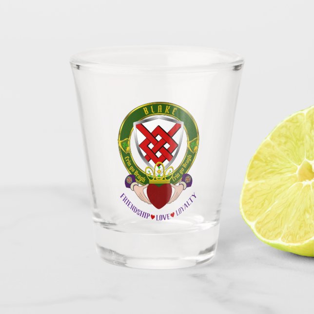 Blake Irish Shield & Claddagh Shot Glass (Front)