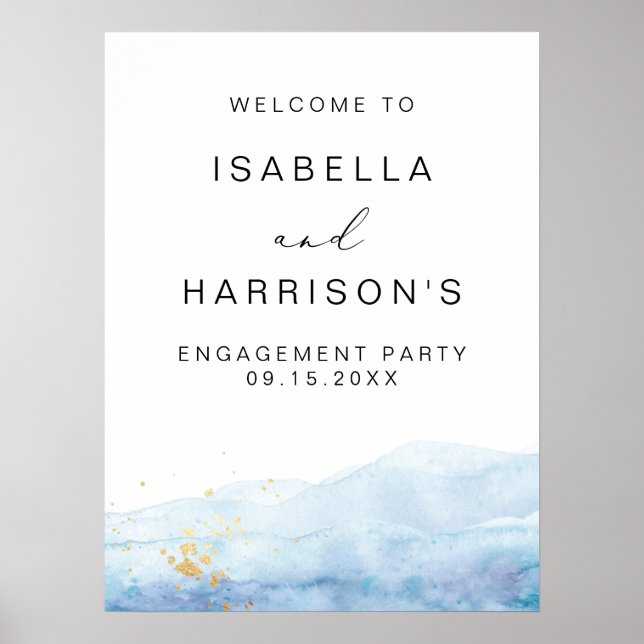 BLAKELY Blue Watercolor Engagement Party Welcome Poster (Front)