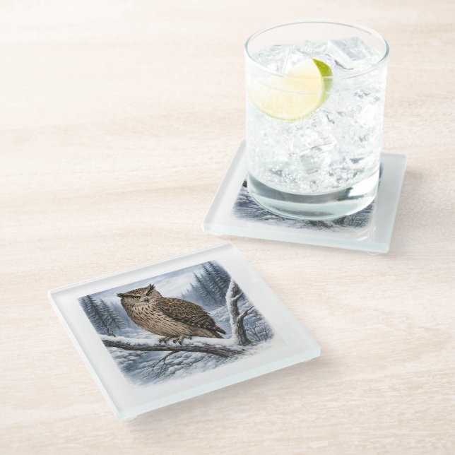 Blakiston’s Fish Owl in Winter Forest –  Glass Coaster (Angled)